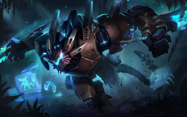 HD PC desktop wallpaper featuring Rengar from League of Legends in a dark, futuristic forest setting, showcasing his armored, mechanical design in the video game.