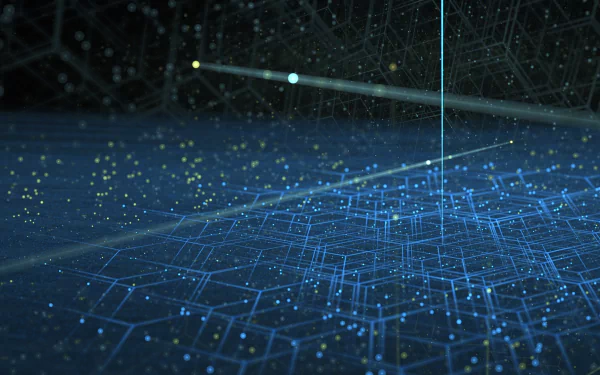 Abstract HD desktop wallpaper featuring blue glowing hexagonal geometric patterns created using Apophysis software. The image showcases an intricate, futuristic design with a grid-like structure.