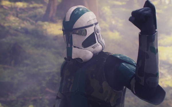HD PC desktop wallpaper featuring Clone Commander Gree, a Star Wars clone trooper, set against a misty forest background in a sci-fi style.