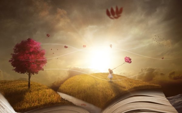 Fantasy Book Balloon Tree Grass HD Wallpaper | Background Image