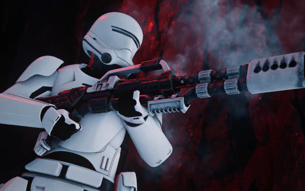 4K Ultra HD PC wallpaper featuring a detailed stormtrooper from Star Wars Battlefront II (2017) aiming a large blaster against a dark, red-hued background.