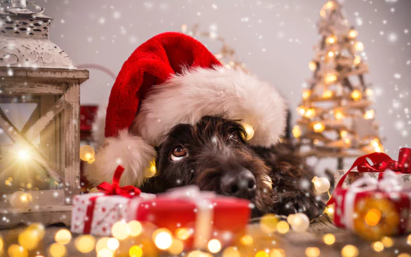 A dog wearing a Santa hat lies amid Christmas decorations, including wrapped gifts and sparkling lights. The festive scene makes for a charming HD desktop wallpaper.