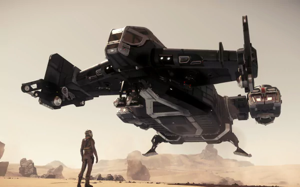 4K Ultra HD PC wallpaper featuring the Cutlass Black spaceship from the Star Citizen video game, set on a rocky alien landscape with a lone figure standing nearby.