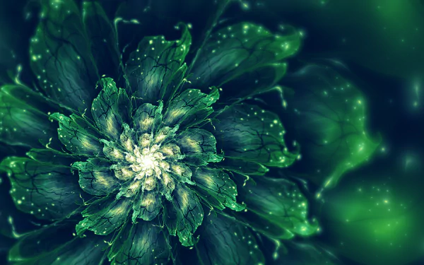 HD desktop wallpaper featuring a green, abstract fractal flower with a psychedelic, trippy pattern. The intricate design creates a mesmerizing background.