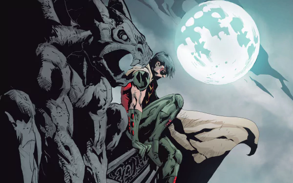 HD desktop wallpaper: DC Comics' Jason Todd as Red Hood/Robin (Red Hood and the Outlaws), perched on a gargoyle under a full moon in comic-style art.