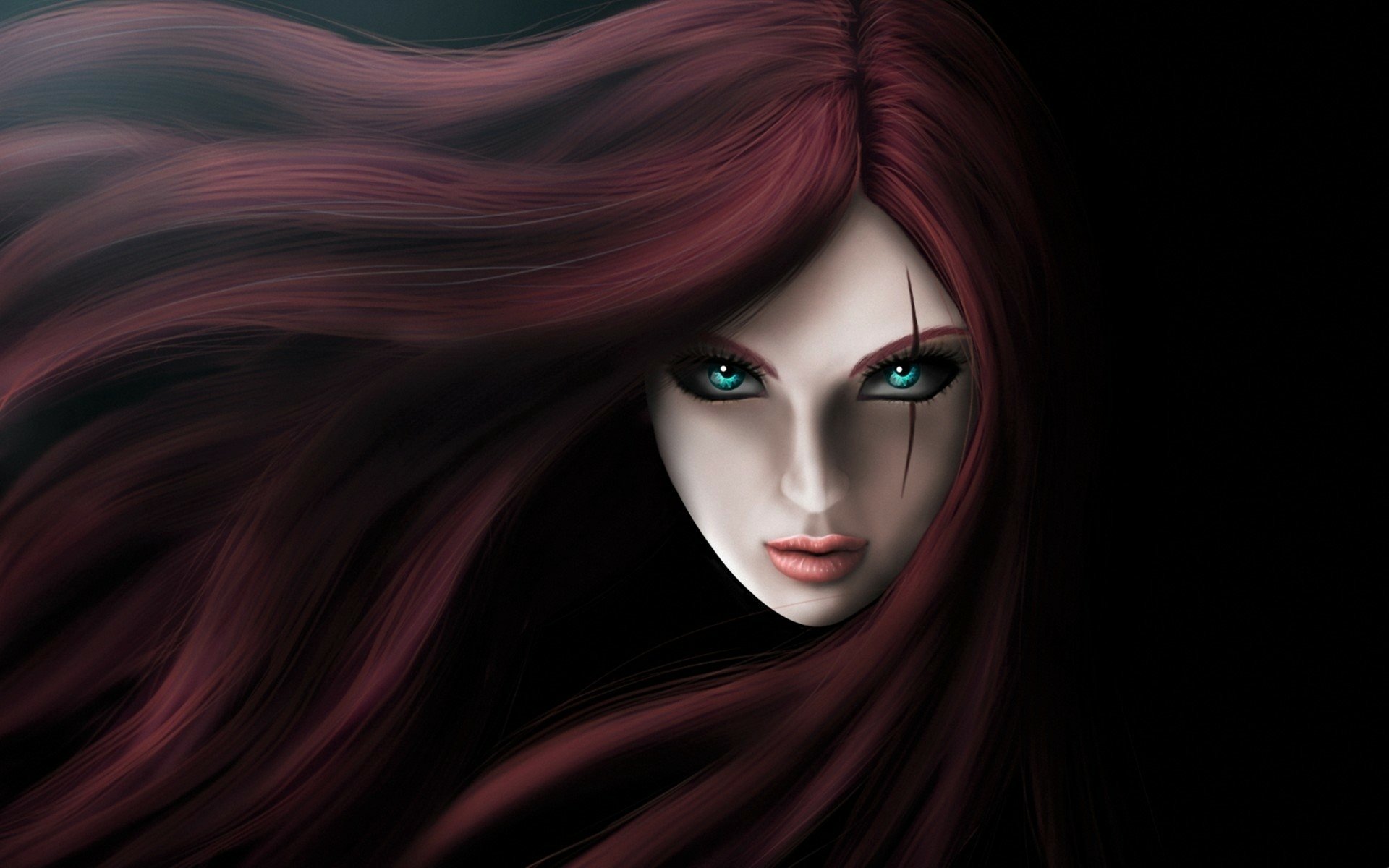 A fantasy HD desktop wallpaper of a woman with flowing red hair and striking aqua eyes emerging from a dark background.