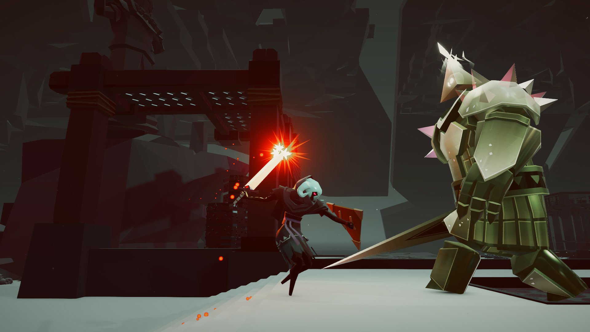 HD wallpaper of a stylized necropolis scene with a character battling a large armored foe.