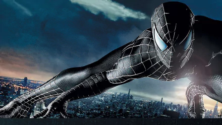 Black-suited Spider-Man poised over a cityscape at night, captured in a high-definition desktop wallpaper from the movie Spider-Man 3.