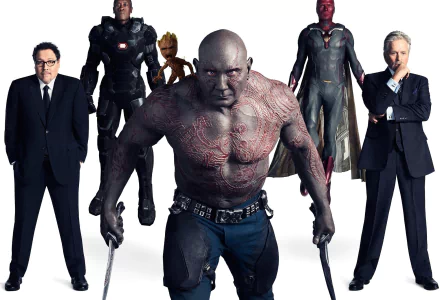 HD wallpaper featuring characters from Avengers: Infinity War including Drax, Groot, War Machine, Vision, and Hank Pym.
