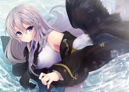 HD anime wallpaper featuring Enterprise from Azur Lane with flowing silver hair and a dynamic eagle against a soft sky and water background.