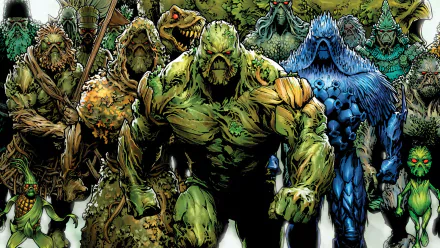 HD PC desktop wallpaper featuring multiple swamp creature characters from DC Comics' Swamp Thing comic series in a detailed, vibrant illustration.