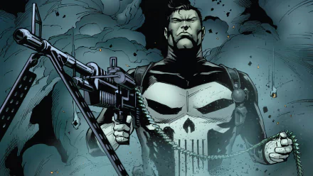 HD PC desktop wallpaper featuring the comic character Punisher wielding a large weapon, set against a smoky, dark background with an intense, gritty atmosphere.