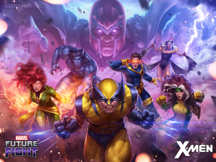 HD wallpaper featuring Wolverine, Beast, Storm, Cyclops, Jean Grey, and Magneto from Marvel's Future Fight game, styled as X-Men.