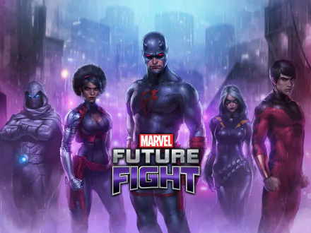 HD wallpaper featuring Marvel: Future Fight characters Daredevil, Misty Knight, Shang-Chi, Moon Knight, and Black Cat against a rainy backdrop.