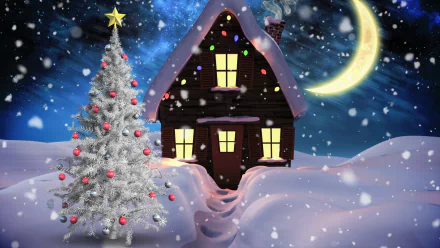 A cozy house with glowing windows under a crescent moon, surrounded by snow-covered hills and a decorated Christmas tree amidst falling snowflakes.