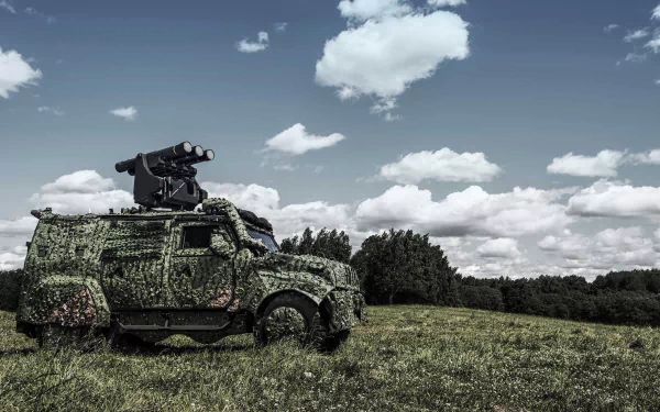 Camouflaged Saab military vehicle positioned on grassy terrain under a cloudy sky, captured in high-definition for a striking desktop wallpaper background.