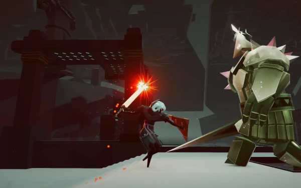 HD wallpaper of a stylized necropolis scene with a character battling a large armored foe.