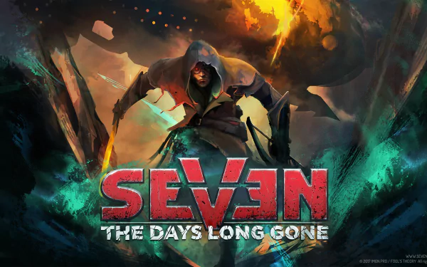 HD wallpaper for Seven: The Days Long Gone featuring a cloaked character in a dynamic, apocalyptic setting.