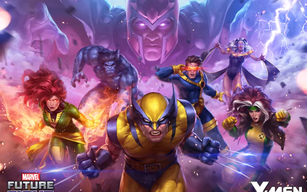 HD wallpaper featuring Wolverine, Beast, Storm, Cyclops, Jean Grey, and Magneto from Marvel's Future Fight game, styled as X-Men.