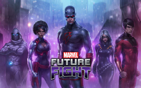 HD wallpaper featuring Marvel: Future Fight characters Daredevil, Misty Knight, Shang-Chi, Moon Knight, and Black Cat against a rainy backdrop.