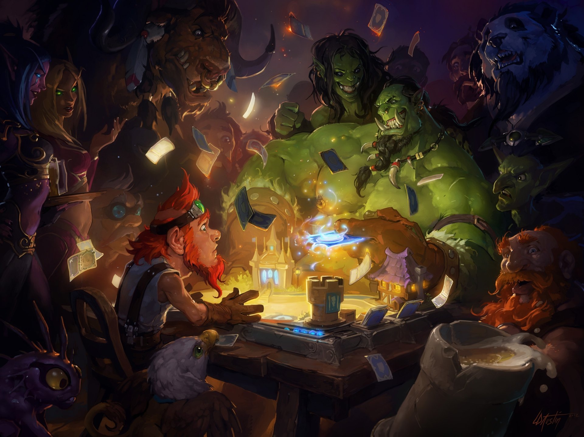 HD desktop wallpaper featuring characters from Hearthstone: Heroes of Warcraft gathered around a magical game board in a lively tavern setting.