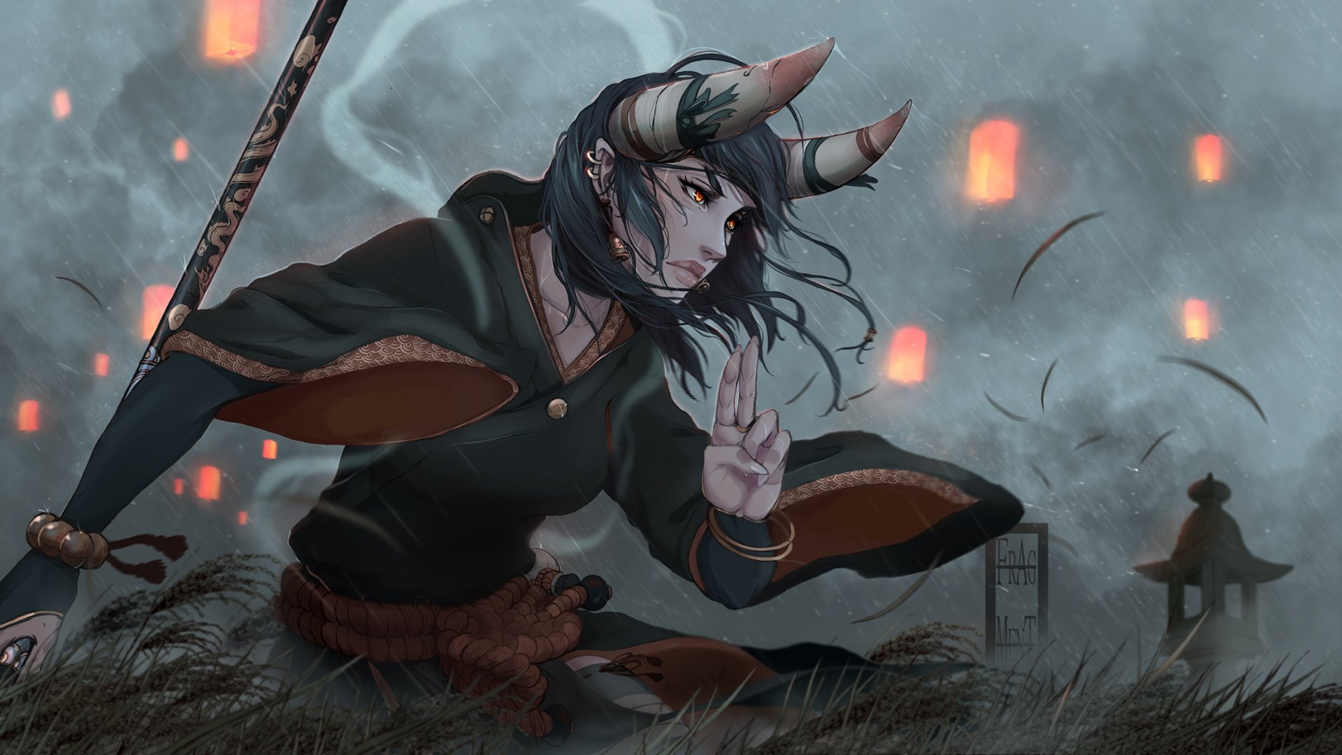 A fantasy-themed HD desktop wallpaper of an oriental woman warrior with orange eyes and horns, holding a sword, set against glowing lanterns in a misty atmosphere.