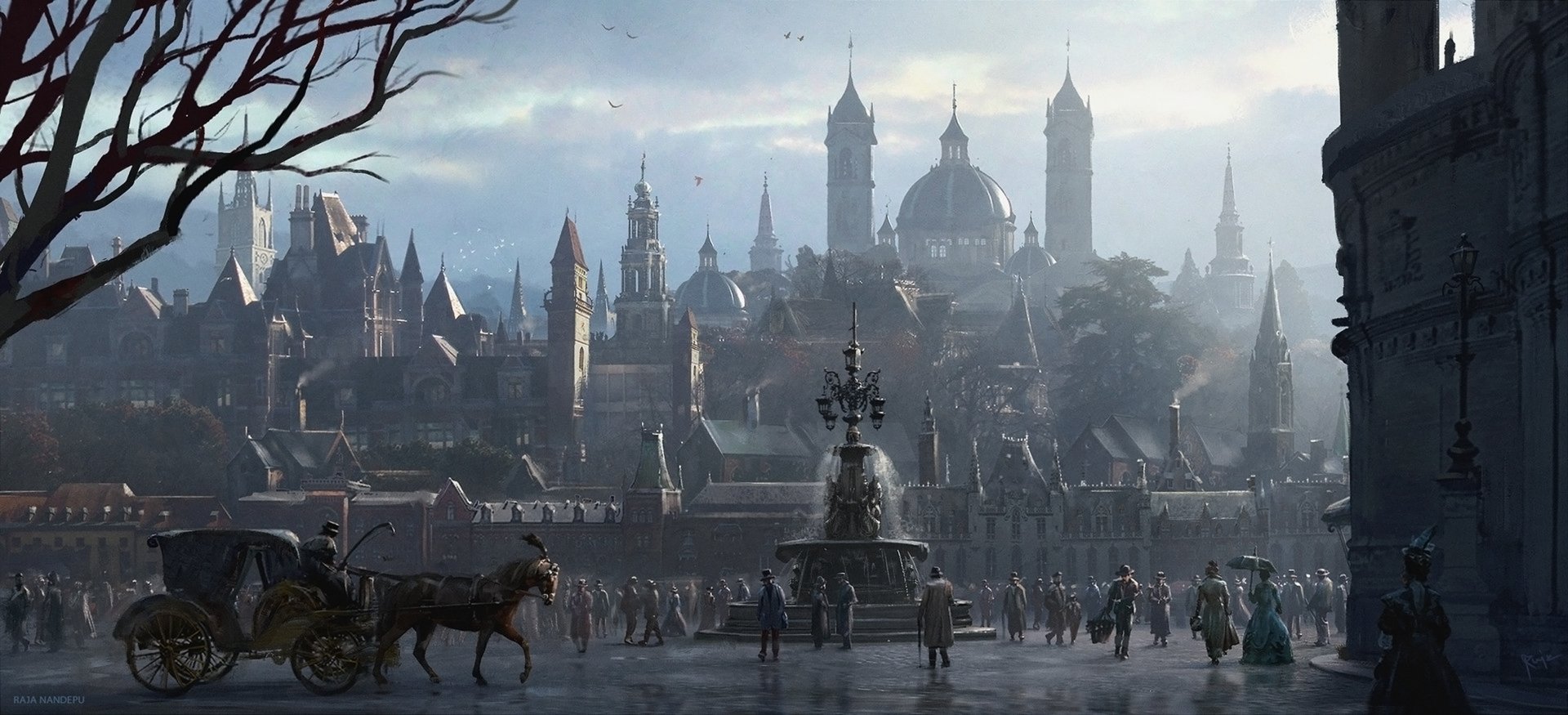 HD PC desktop wallpaper showcasing a detailed fantasy city with towering spires, domes, and bustling streets under a soft, cloudy sky.