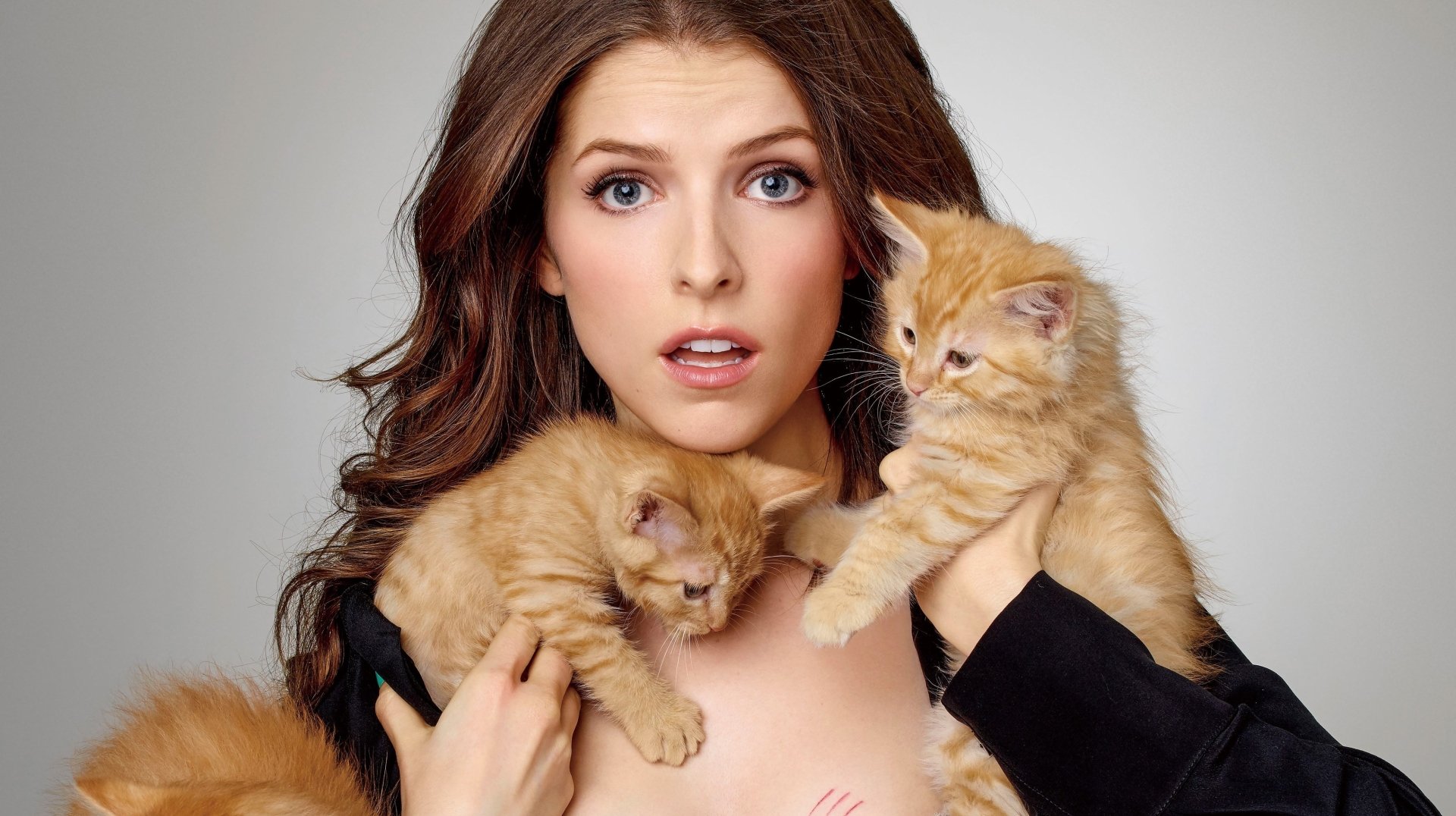 4K desktop wallpaper: blue‑eyed brunette actress holding two ginger kitten baby cats, surprised expression in a close-up portrait.