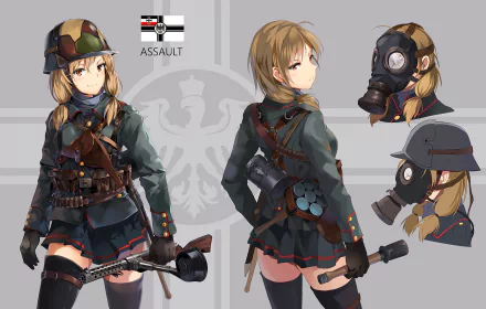 Anime-styled blonde character with thigh highs, a skirt, and gloves. Depicted in various poses, one with a gas mask and military gear. Blushing and smiling against a detailed, HD background.