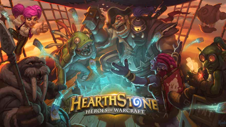 HD desktop wallpaper of Hearthstone: Heroes of Warcraft featuring vibrant artwork with whimsical characters engaged in magical combat.
