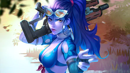 HD desktop wallpaper featuring Widowmaker from the video game Overwatch, showcasing her in a dynamic pose with her sniper rifle against a stylish backdrop.