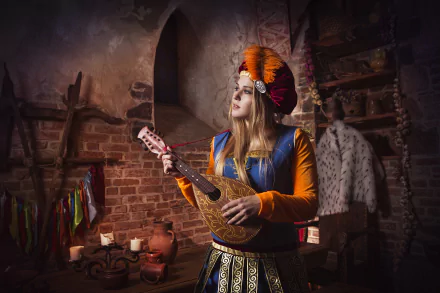 A 4K Ultra HD PC wallpaper featuring a woman in detailed The Witcher 3: Wild Hunt cosplay playing a stringed instrument in a rustic, medieval-style room.