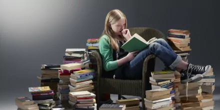 A child sits in a cozy armchair, engrossed in a book, surrounded by stacks of books, creating a warm atmosphere for reading. This HD photography captures the joy of literature.
