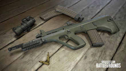 HD desktop wallpaper featuring a detailed render of a rifle from the video game Playerunknown's Battlegrounds, set on a wooden surface with ammunition beside it.