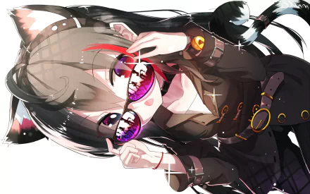Anime character with glasses, wearing a dark outfit, adorned with cat ears, looking through lenses with reflection. This HD desktop wallpaper is tagged as Anime and Original.