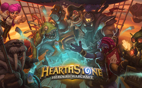 HD desktop wallpaper of Hearthstone: Heroes of Warcraft featuring vibrant artwork with whimsical characters engaged in magical combat.