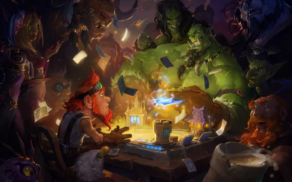 HD desktop wallpaper featuring characters from Hearthstone: Heroes of Warcraft gathered around a magical game board in a lively tavern setting.