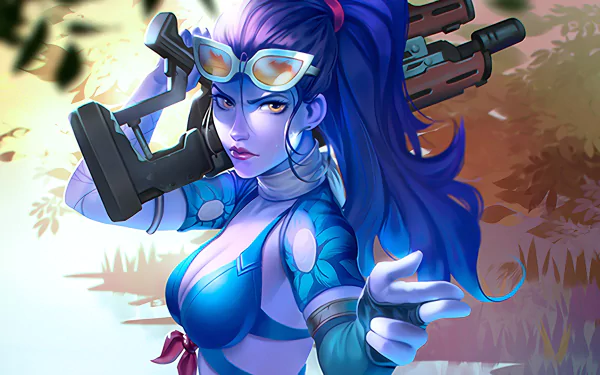 HD desktop wallpaper featuring Widowmaker from the video game Overwatch, showcasing her in a dynamic pose with her sniper rifle against a stylish backdrop.