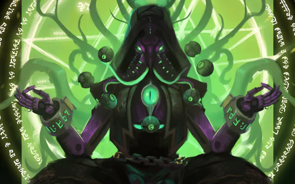 HD desktop wallpaper featuring Zenyatta from the video game Overwatch, depicting the character in a dynamic and mystical pose with green and black hues in the background.