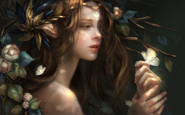 Fantasy Women Butterfly Brown Hair Flower Pointed Ears HD Wallpaper | Background Image