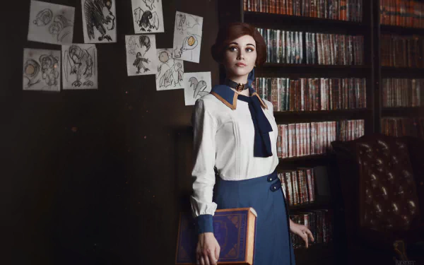 HD PC desktop wallpaper: a woman cosplaying Elizabeth (BioShock Infinite) stands in a book-lined study holding a book, sketches pinned to the wall behind her.