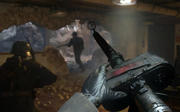 HD PC desktop wallpaper from Call of Duty: WWII featuring a first-person view of a soldier aiming a machine gun in a dimly lit bunker during combat.