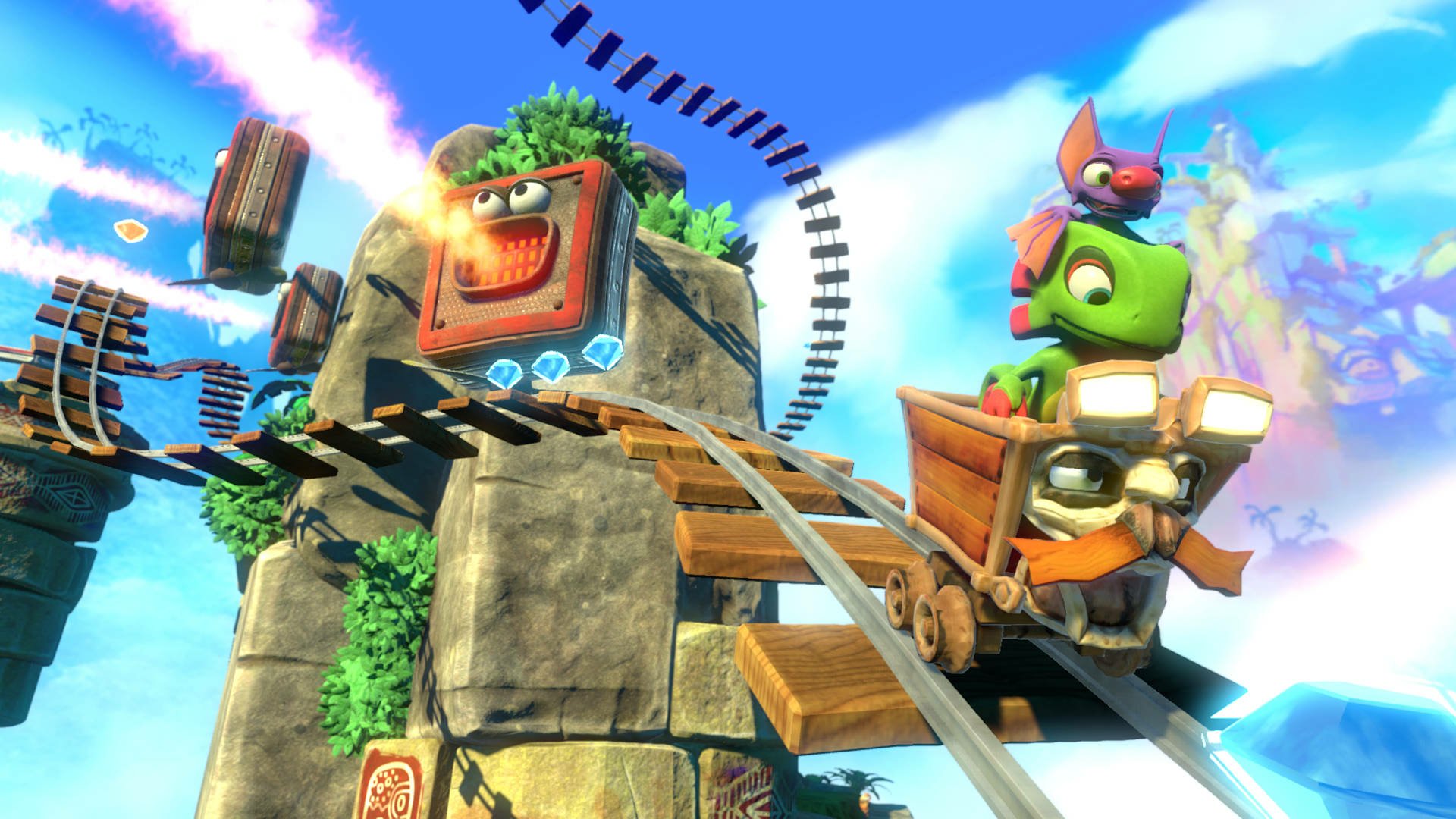 HD wallpaper featuring Yooka-Laylee characters on a minecart ride, with a vivid sky backdrop and dynamic platforming elements.