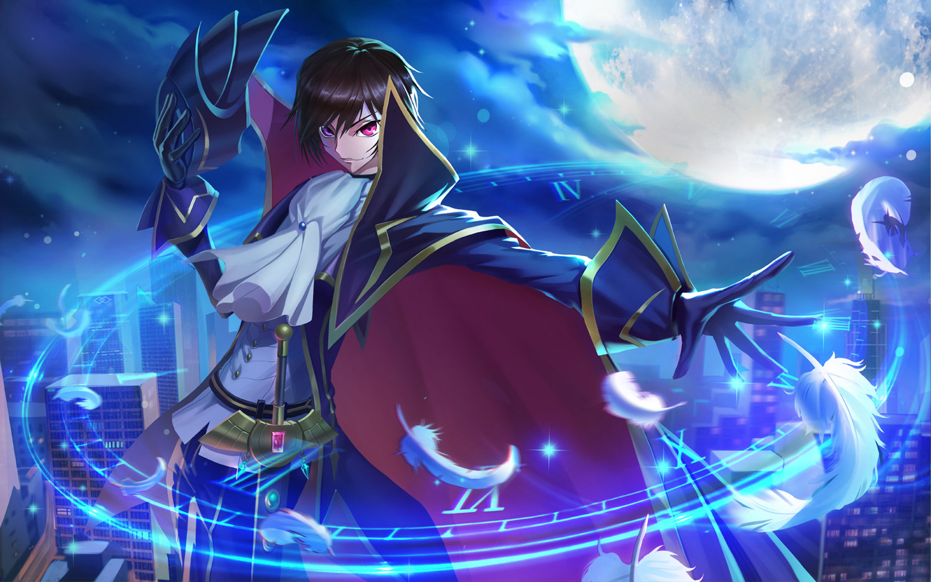 HD wallpaper featuring Lelouch Lamperouge from the anime Code Geass, depicted with a dramatic cityscape, feathers, and a glowing moonlit background.