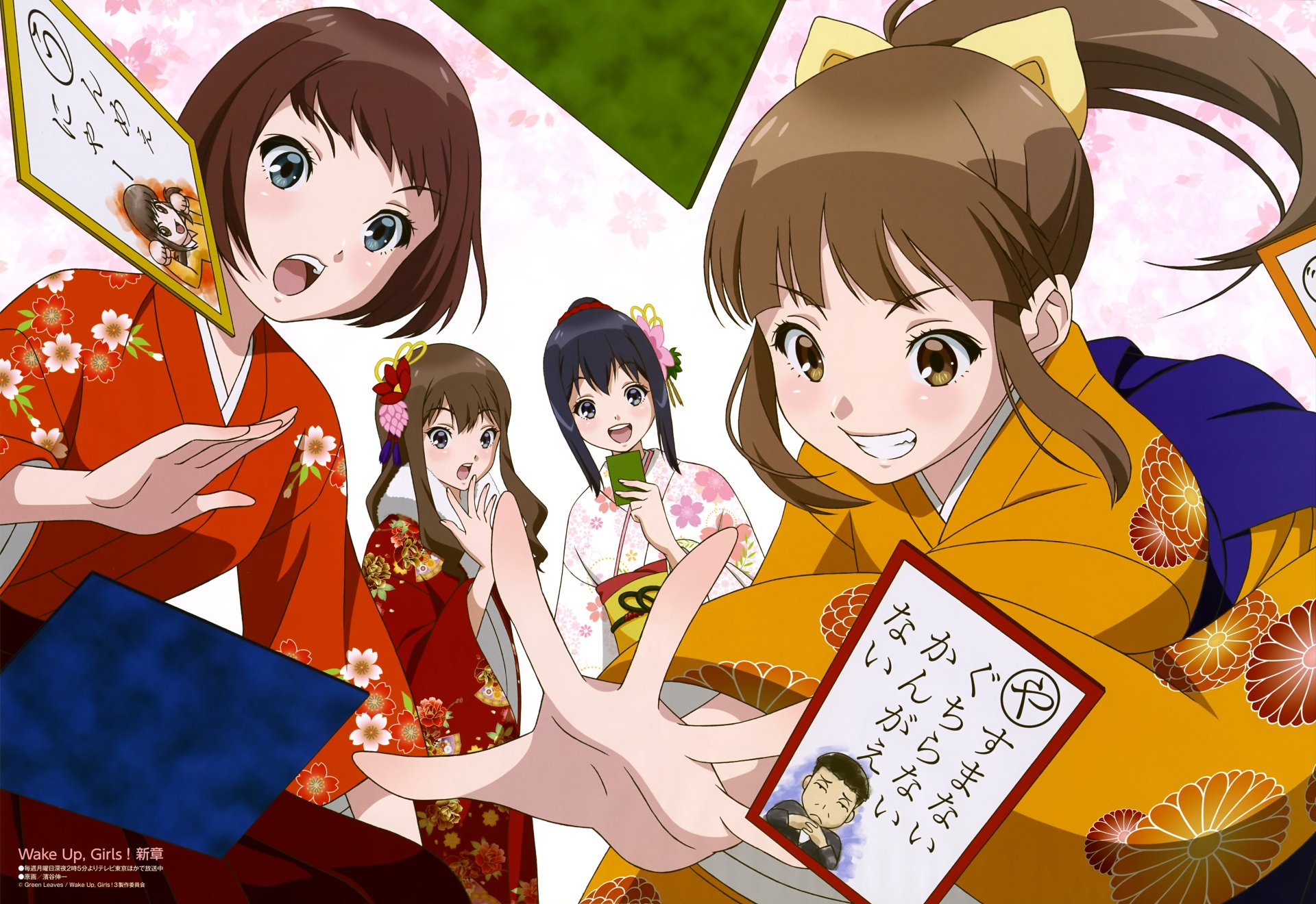 5K Ultra HD PC desktop wallpaper of Wake Up, Girls! — Shichi-nin no Idol featuring anime characters Moka Suzuki, Mayu Shimada and Nanami Hisami in colorful kimonos holding celebratory cards.