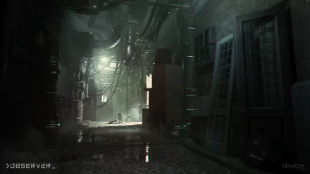 HD desktop wallpaper featuring a dystopian scene with dilapidated interiors and futuristic elements tagged with Observer.