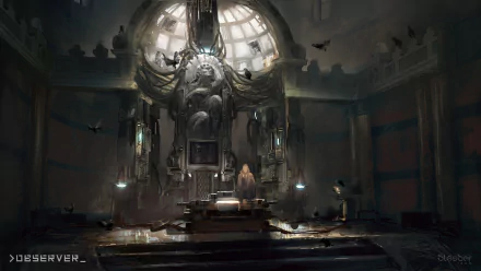 HD wallpaper of a dim, ornate room with a central sculpture, tagged with 'Observer', offering a mysterious and immersive desktop background.