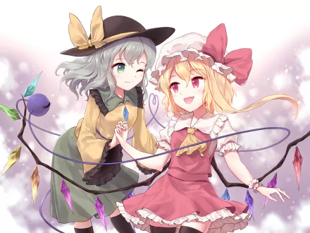 HD anime desktop wallpaper featuring Touhou characters Koishi Komeiji and Flandre Scarlet with soft pastel tones and detailed shading.