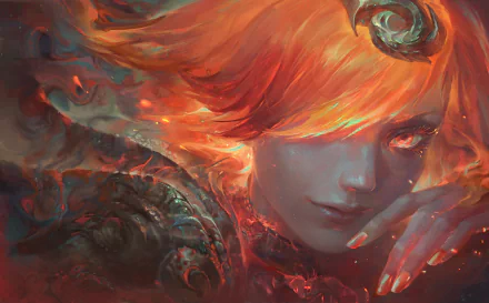 Close-up of Lux from League of Legends with glowing orange eyes and short fiery orange hair, surrounded by swirling flames in an intense, high-definition PC wallpaper.