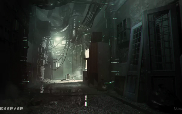 HD desktop wallpaper featuring a dystopian scene with dilapidated interiors and futuristic elements tagged with Observer.